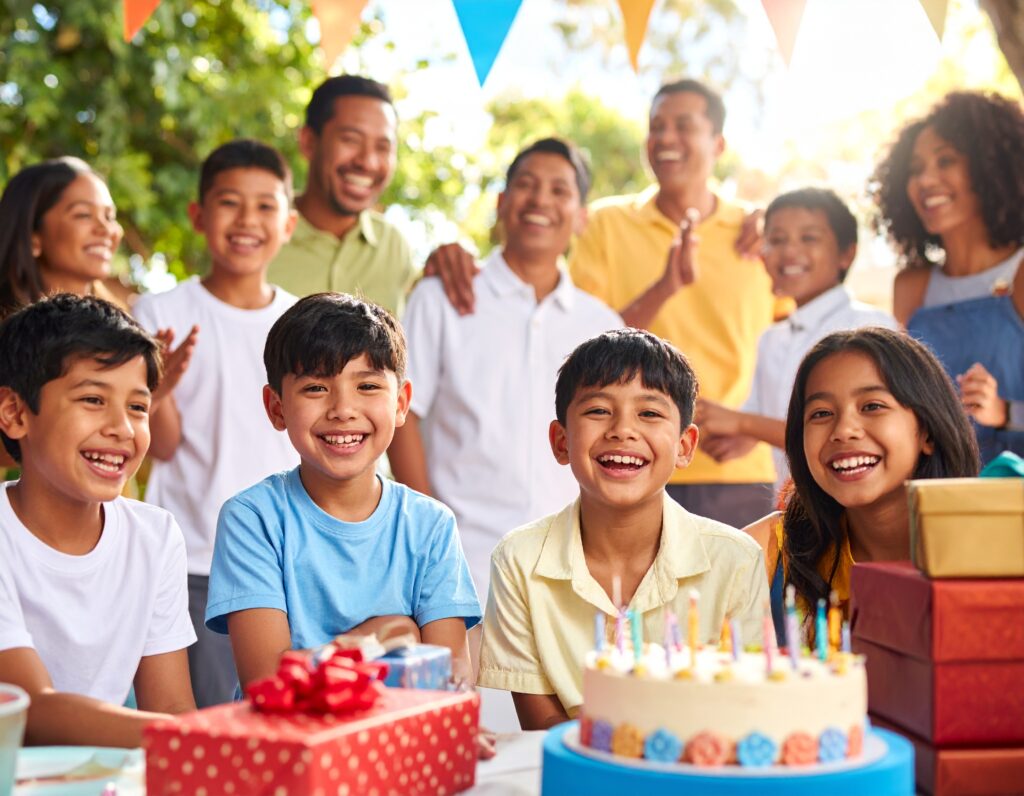 Kids celebrating at an outdoor birthday party with cake and presents.