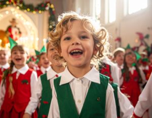 Boy singing at his Holiday sing at school. 