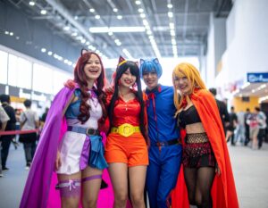 Group of 4 friends in full cos play outfits on convention center floor during comic con. 