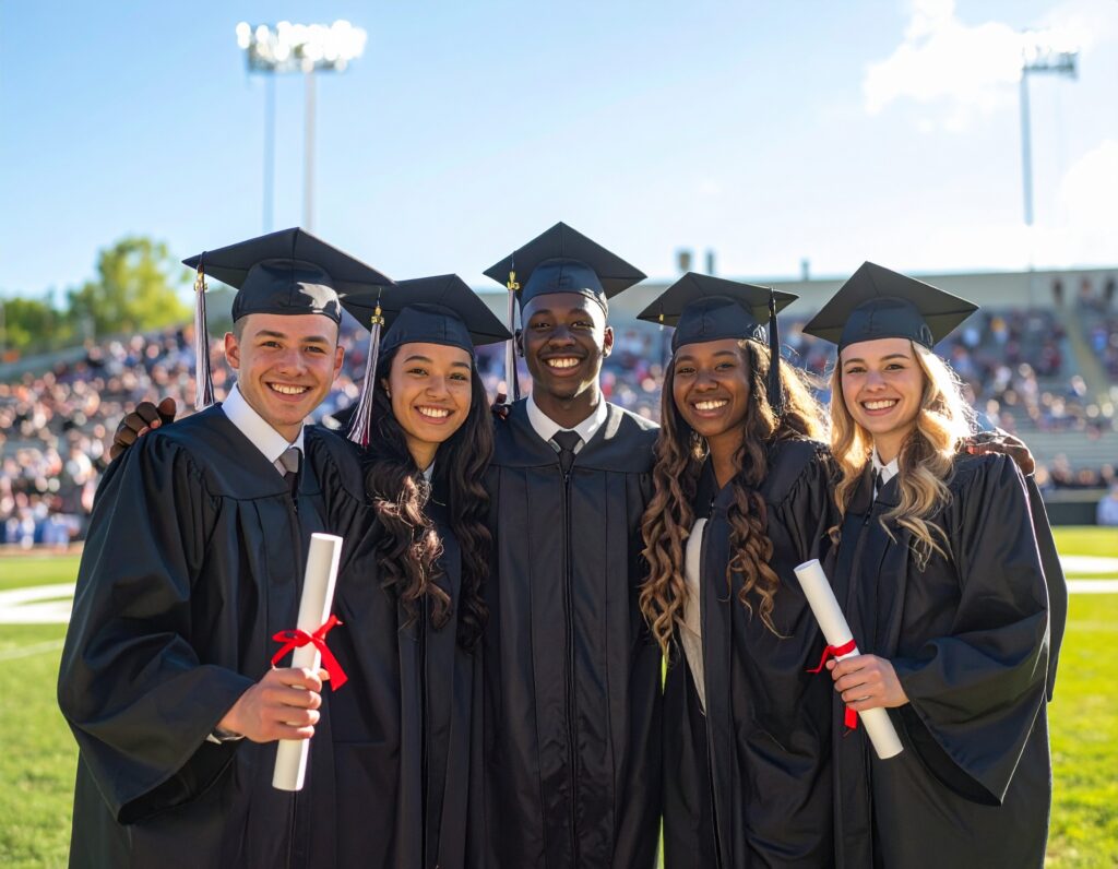 Group of five graduates posing after graduation.