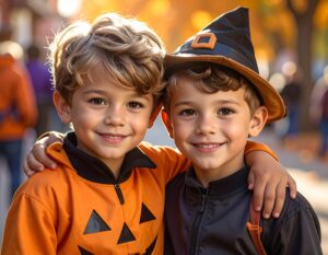 Two best friends boys embracing during the school Halloween day parade