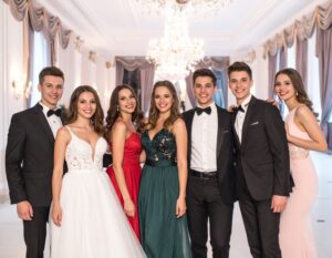 a group of high school age students in tuxedo and dresses celebrating at prom. 