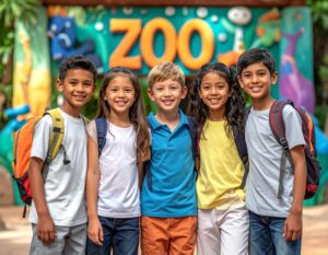 Five boys and girls pose for a photo on a field day at the zoo.