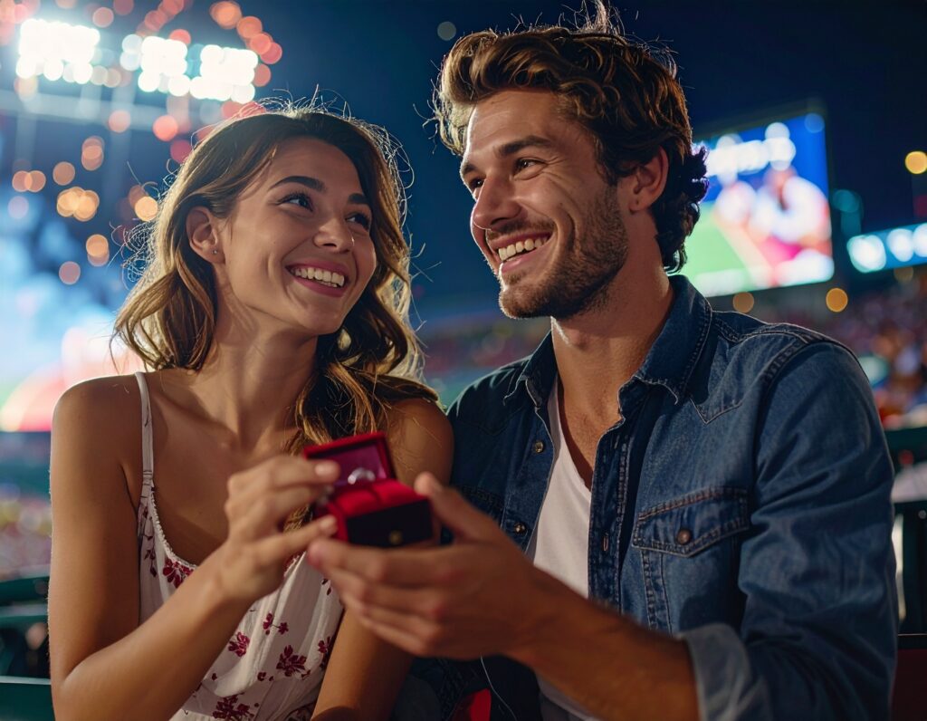 Man and woman happily rejoicing at a baseball game after getting engaged,