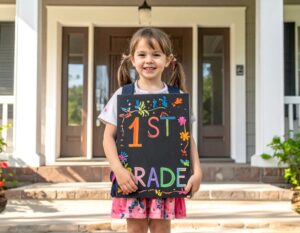 Six year old girl standing on her front porch holding a sign that says "1st Grade"