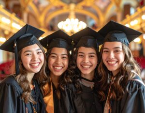 Four girls celebrating graduation together. 