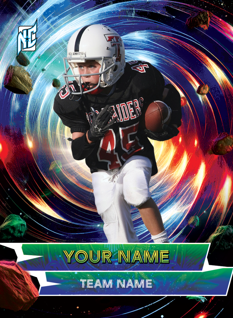 Custom Youth Football Cards. Custom football Cards. Atomic Vortex Design. Custom football team cards
