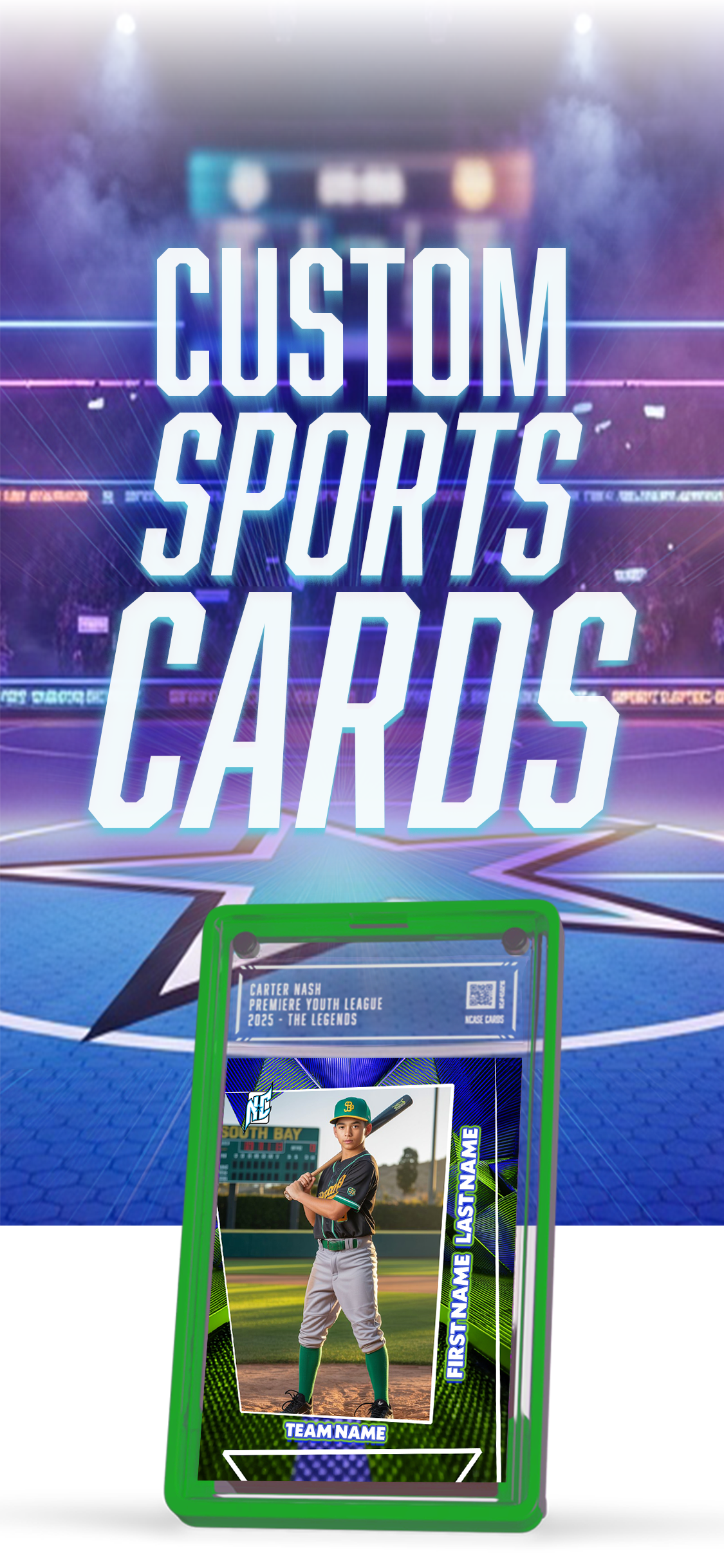 Design Custom Sports Cards. NCASE CARDS. Picture of a custom sports card with the words custom sports cards above it.