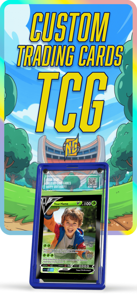 One of Once CUSTOM TCG CARDS by NCASE CARDS. A photo of a custom TCG card with the words Custom TCG cards written above it.