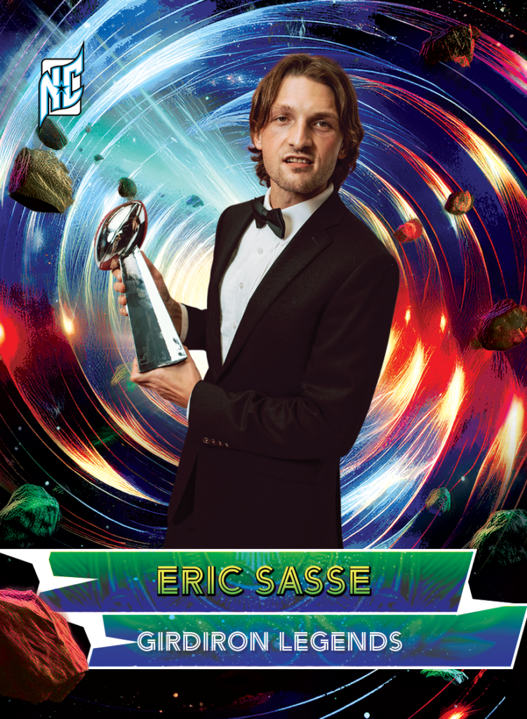 Custom Fantasy Sports Cards by NCASE CARDS. A custom card of a man holding a fantasy football trophy as the winner of his league.