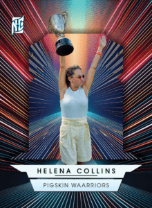 Custom Fantasy Sports Cards by NCASE CARDS. A custom card of a woman holding a championship trophy for her fantasy league.