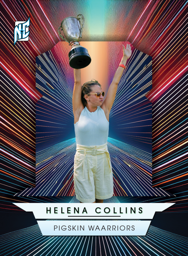 Custom Fantasy Sports Cards by NCASE CARDS. A custom card of a woman holding a championship trophy for her fantasy league.