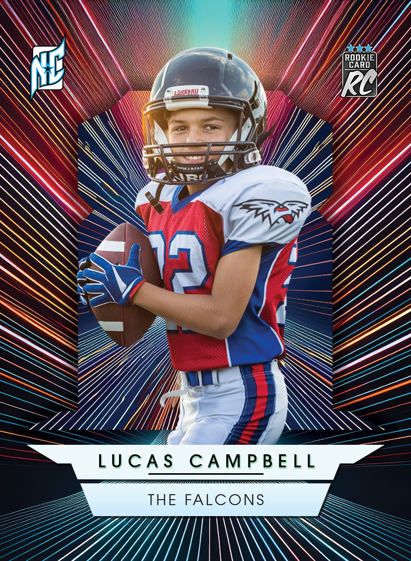Custom Football Rookie Cards by NCASE CARDS. A Custom card of a boy playing football.