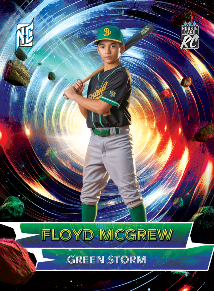 Custom Rookie Cards by NCASE CARDS. A photo of a custom card of a boy in a baseball unform holding a bat.