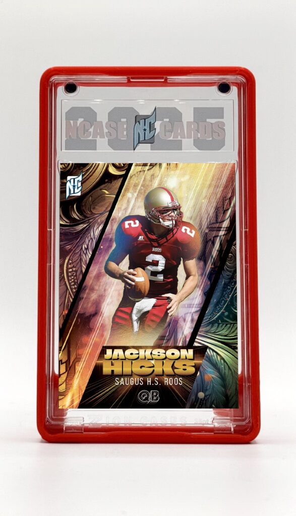 Custom football rookie cards by NCASE CARDS. A photo of a ncase custom football card in a personalized acrylic slab a red bumper frame.