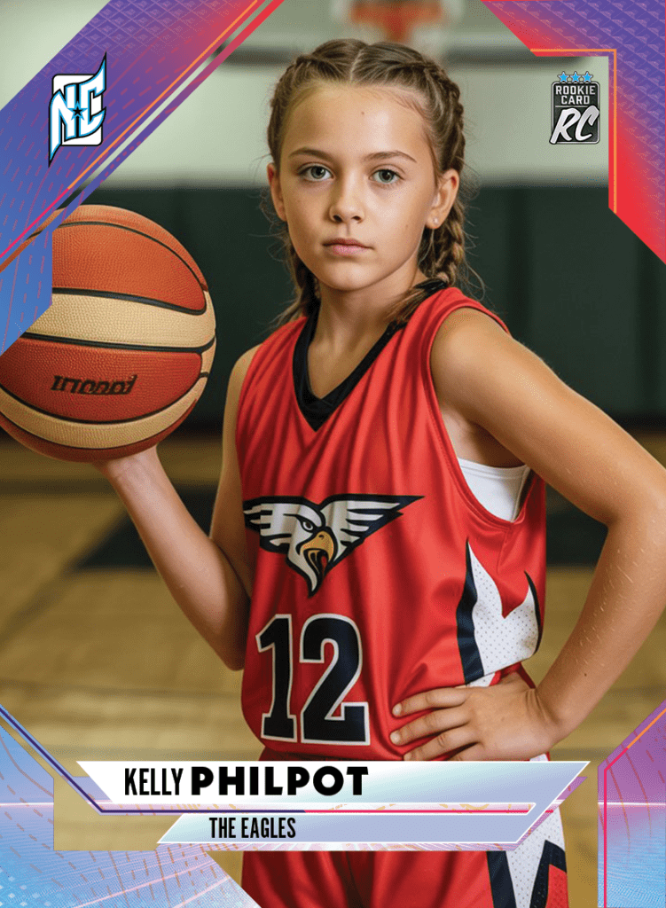 Custom Rookie Cards from NCASE CARDS. A photo of a girl posing with a basketball for a NCASE Cards custom rookie card.