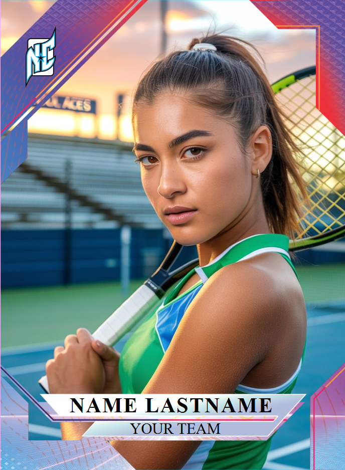 Tennis Custom Cards by NCASE CARDS. Custom Tennis card with a female athlete holding a tennis racquet on a tennis court at sunset.