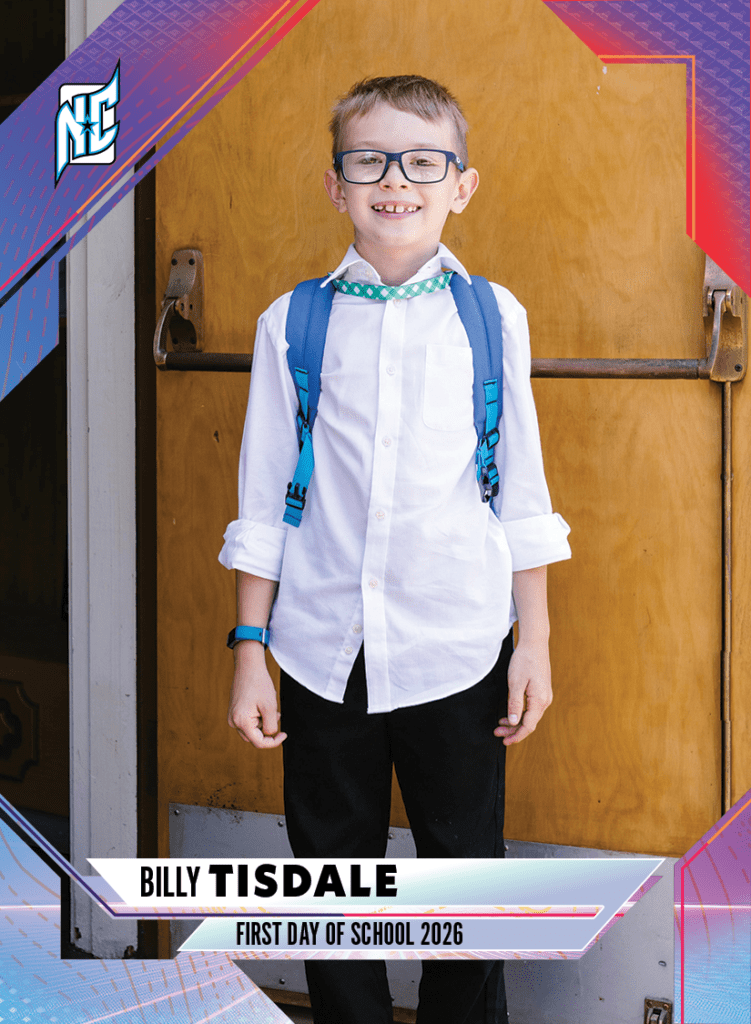 Custom School Trading Cards By NCASE CARDS. A boy posing wearing a back pack at school.