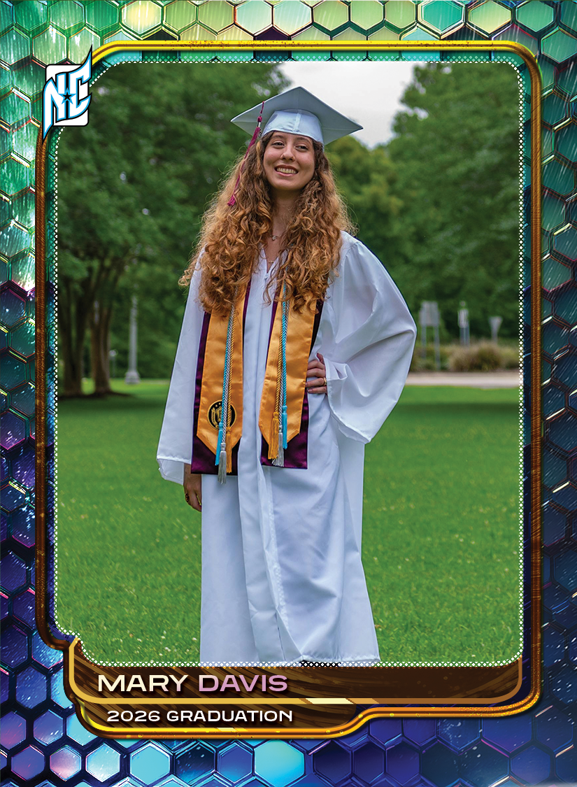 Custom School Trading Cards by NCASE CARDS. A high school graduate posing for a photo in cap and gown.