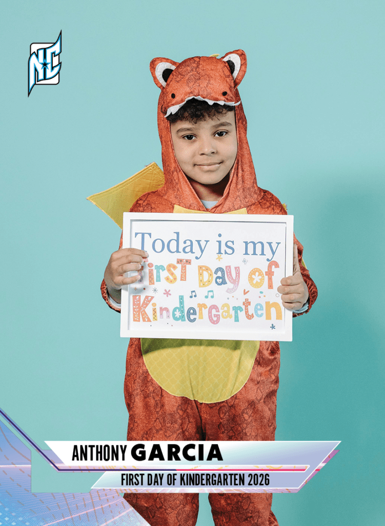 Custom School Trading Cards by NCASE CARDS. A young boy holding a sign for the 1st day of school.