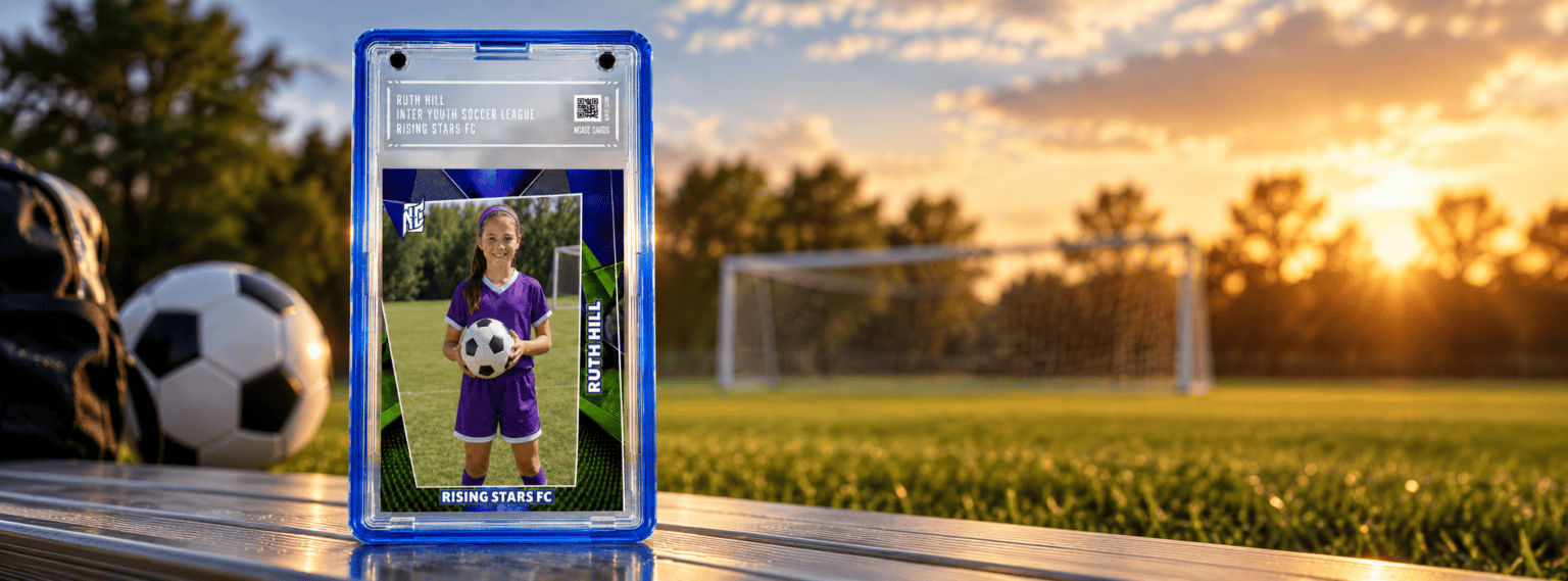 A photo of a young female soccer player holding a ncase custom card while standing on a soccer field on a bright sunny day.