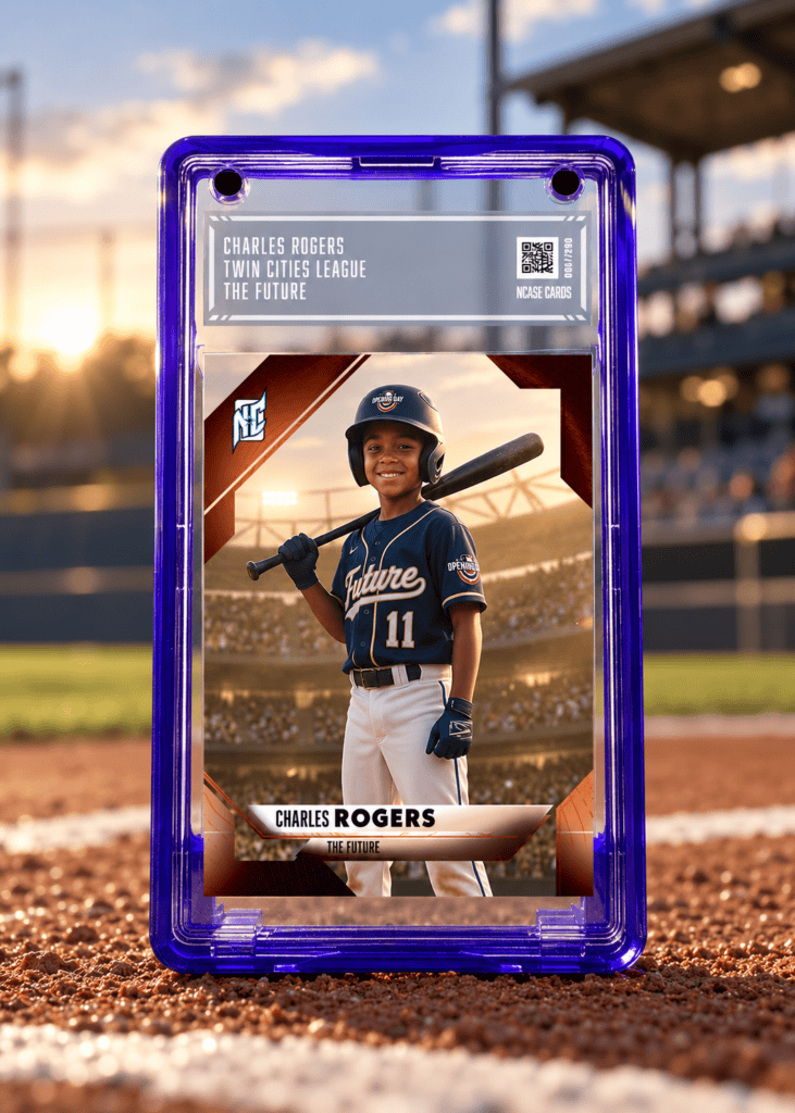 A photo of a NCASE Custom baseball Card displayed on a baseball field