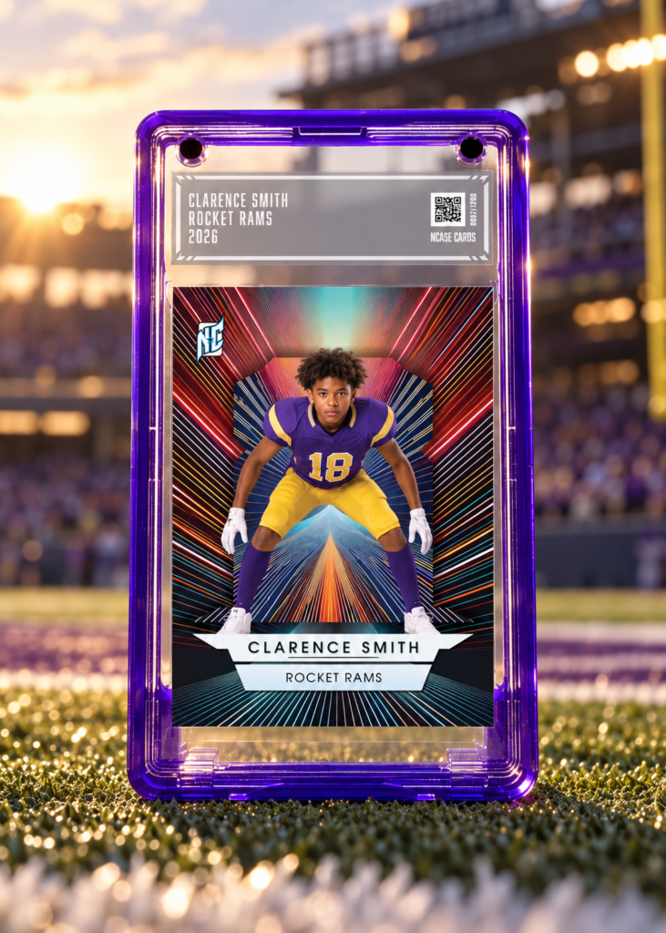 A photo of a NCASE Custom Football Card displayed on a football field
