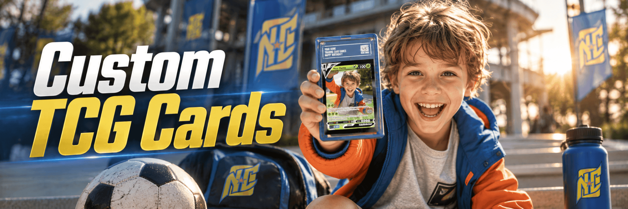A photo of a young boy showing off this custom TCG card by NCASE CARDS.