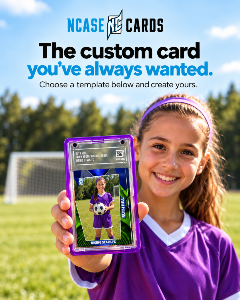 A photo of young female soccer player holding her ncase custom card while standing on a soccer field on a bright sunny day.