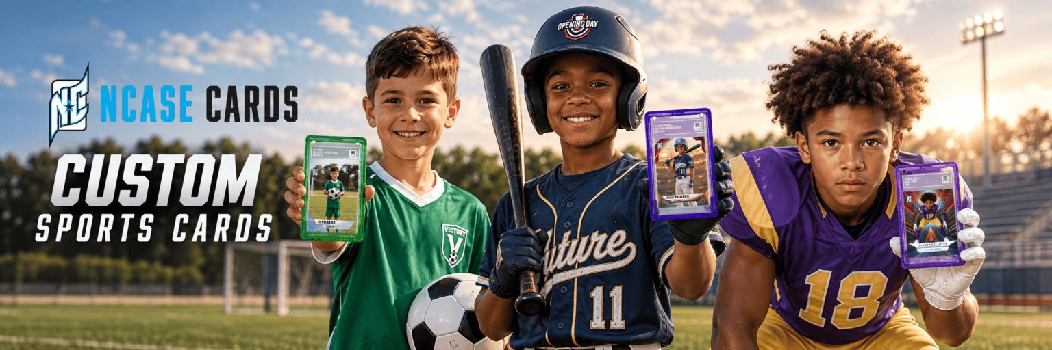 A cinematic photo of 3 youth athletes, a male soccer player, a male baseball player and a male football player all holding their own custom ncase trading cards.