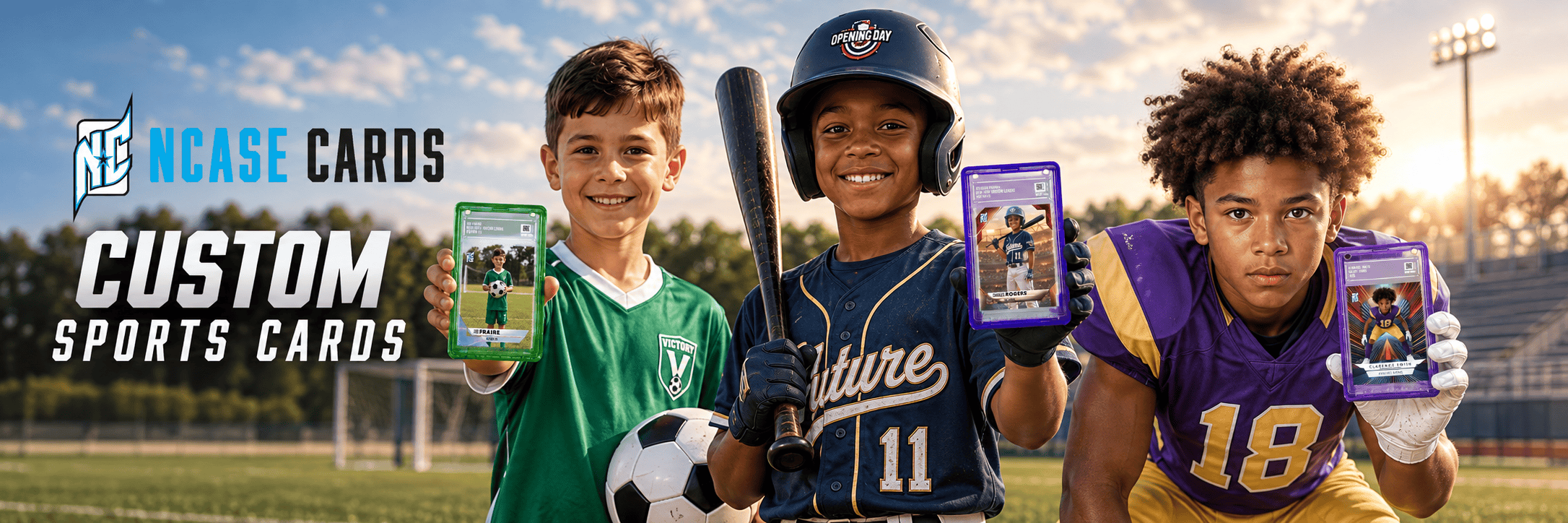 A cinematic photo of 3 youth athletes, a male soccer player, a male baseball player and a male football player all holding their own custom ncase trading cards.