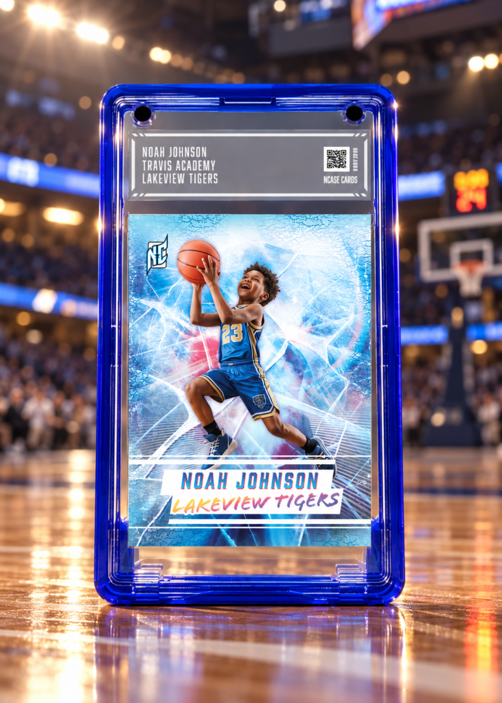 A photo of a NCASE Custom Basketball Card displayed on a basketball court.