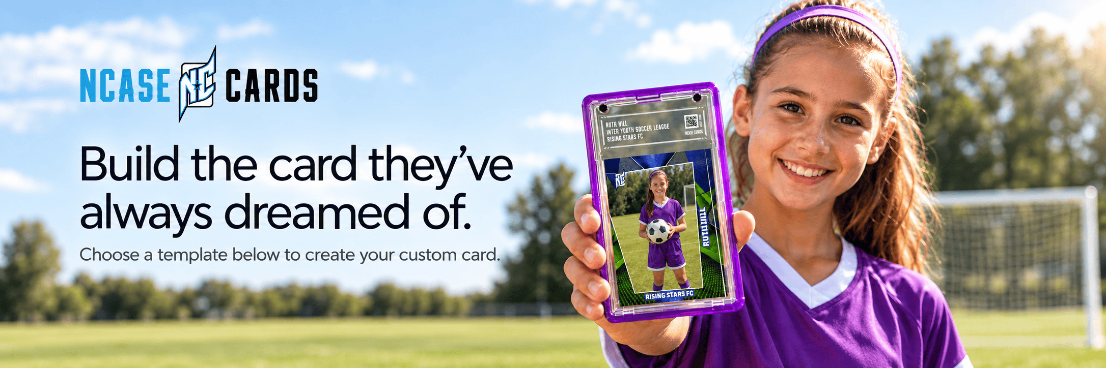 A photo of a young female soccer player holding a ncase custom card while standing on a soccer field on a bright sunny day.