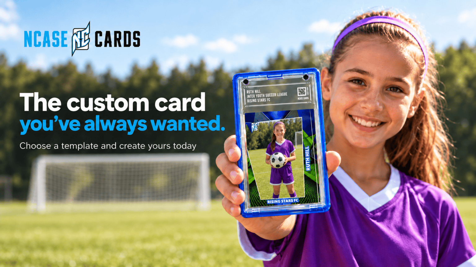 A photo of a young female soccer player holding a ncase custom card while standing on a soccer field on a bright sunny day.