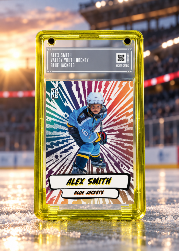 A photo of a NCASE Custom Hockey Card displayed on a Hockey rink.
