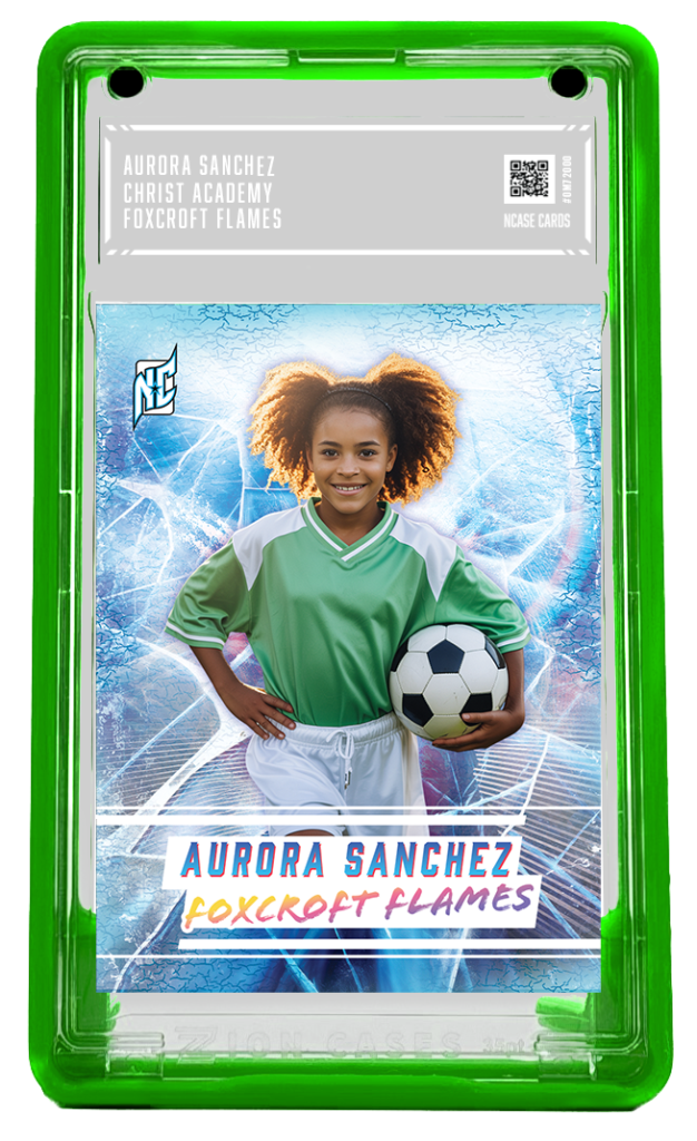 A photo of a Green NCASE Custom Soccer Trading Card