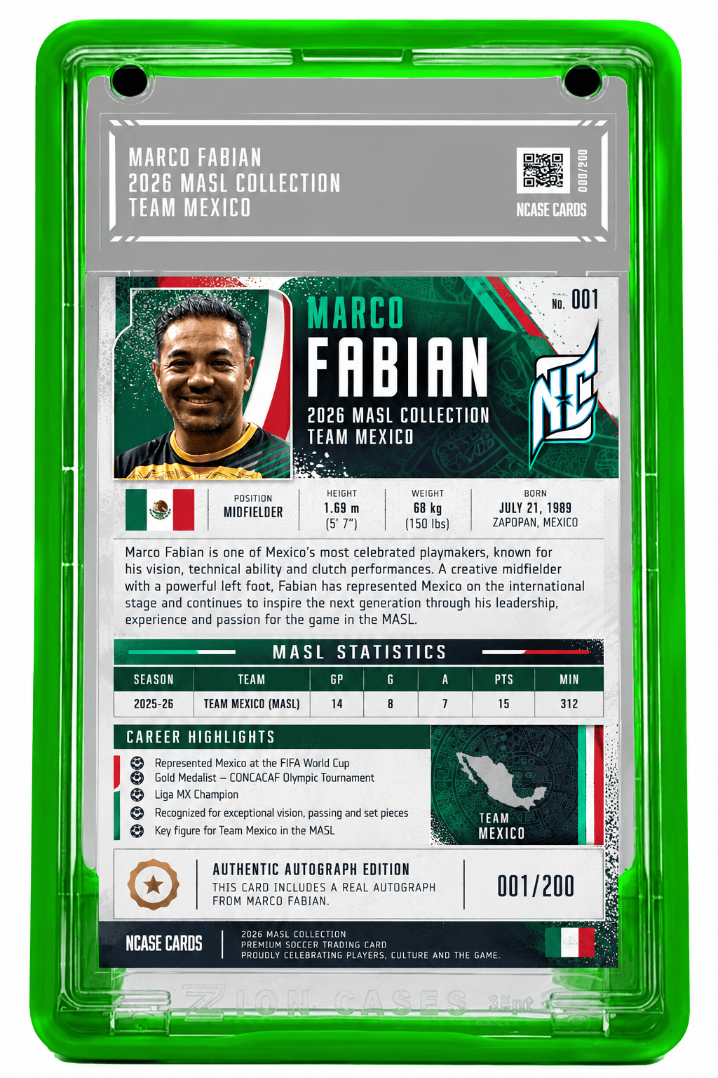 A photo of the back of a Marco Fabian Custom Card by NCASE CARDS