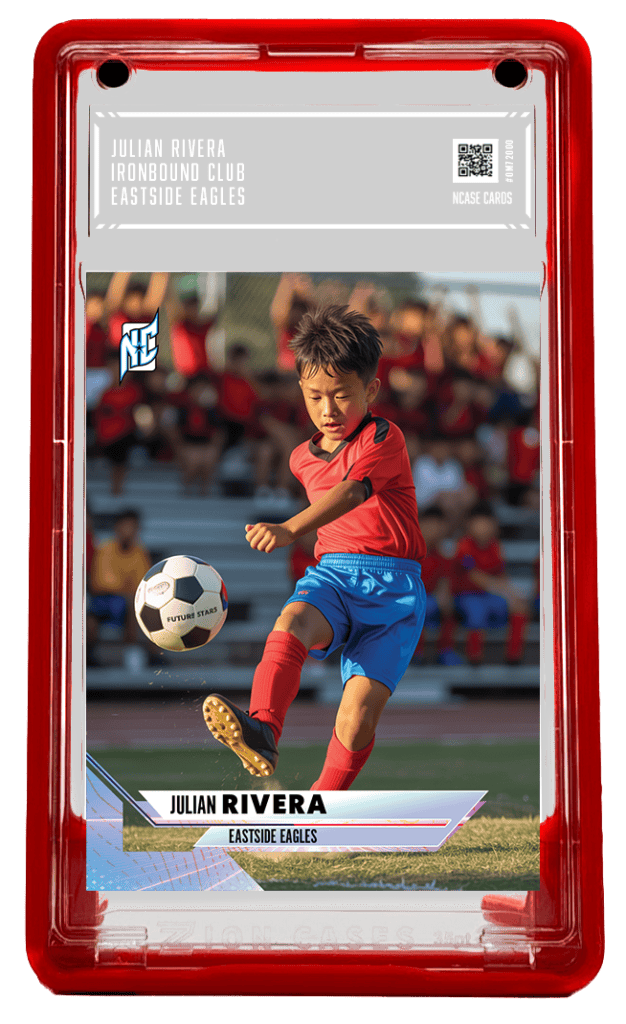 A photo of a red NCASE Custom Soccer Trading Card
